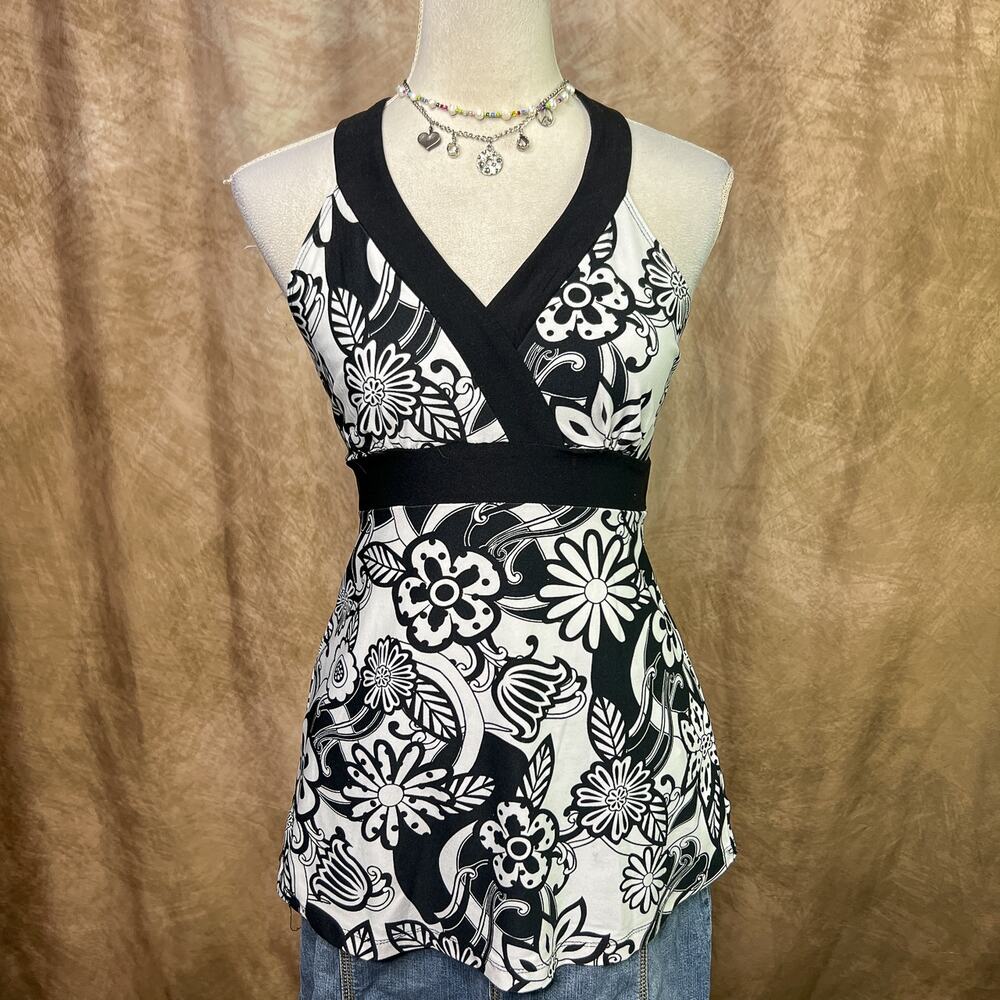 Vintage Y2K Halter Top Floral Geometric V Neck Black White Indie Psychedelic Mod